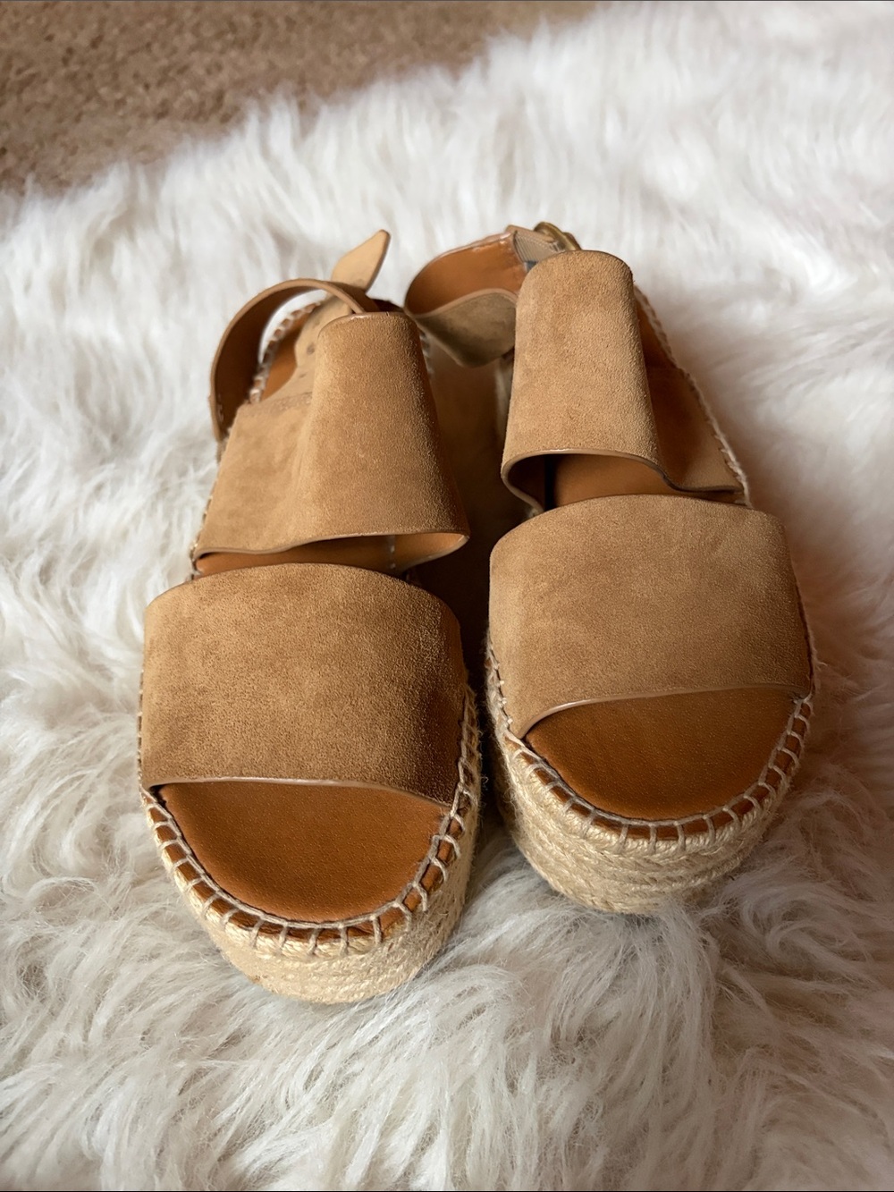 SARTO By Franco Sarto Tan Suede Espadrille Platform Sandals with Gold Buckle